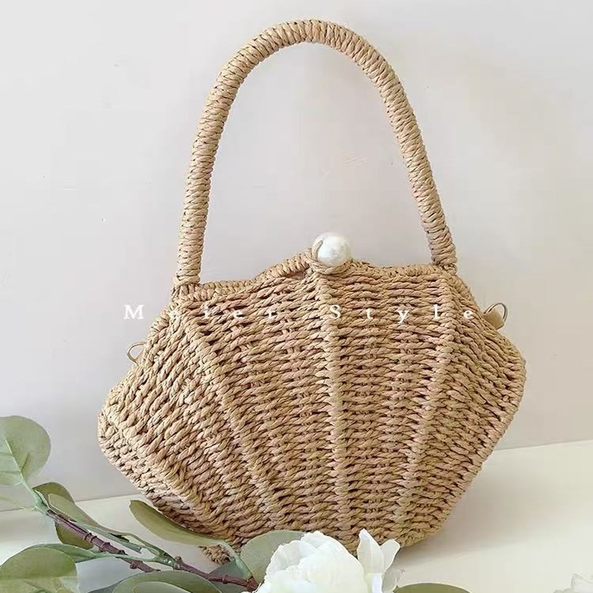 Amalfina Pearl Shell Handwoven Straw Crossbody Shoulder Bag