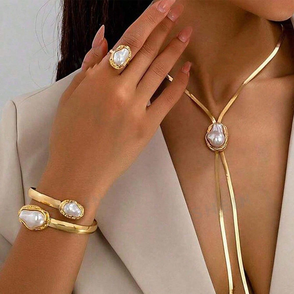 Summer Moon Baroque Pearl Y-Link Pendant Necklace Bracelet and Ring Set