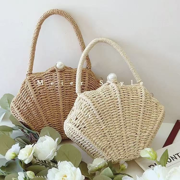 Amalfina Pearl Shell Handwoven Straw Crossbody Shoulder Bag