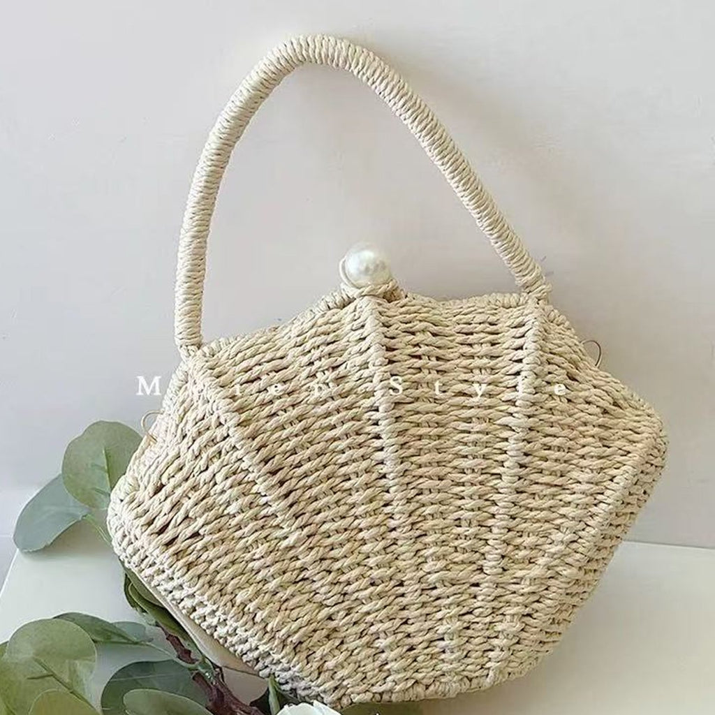 Amalfina Pearl Shell Handwoven Straw Crossbody Shoulder Bag