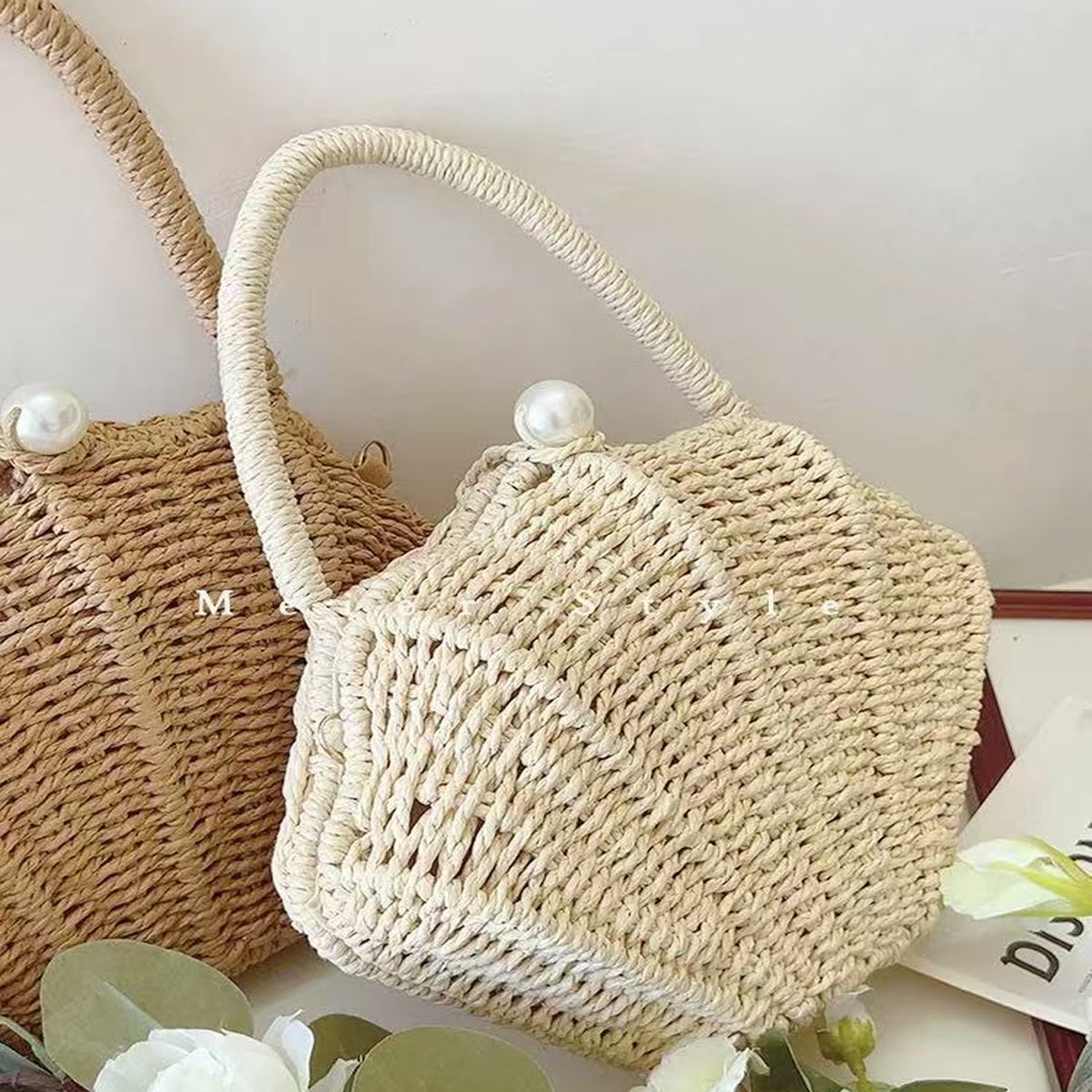 Amalfina Pearl Shell Handwoven Straw Crossbody Shoulder Bag