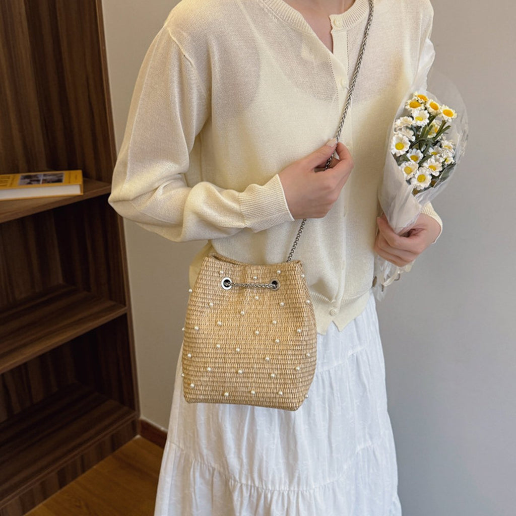 Shoreline Pearls and Rhinestones Straw Bucket Bag with Adjustable Chain