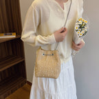 Shoreline Pearls and Rhinestones Straw Bucket Bag with Adjustable Chain