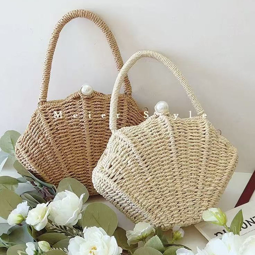 Amalfina Pearl Shell Handwoven Straw Crossbody Shoulder Bag
