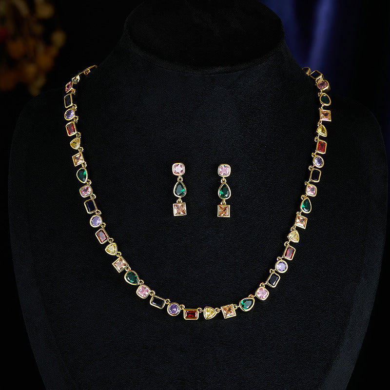 Goddess Stunning Duo Gem Crystals and Gold Tone Necklace and Earrings Set