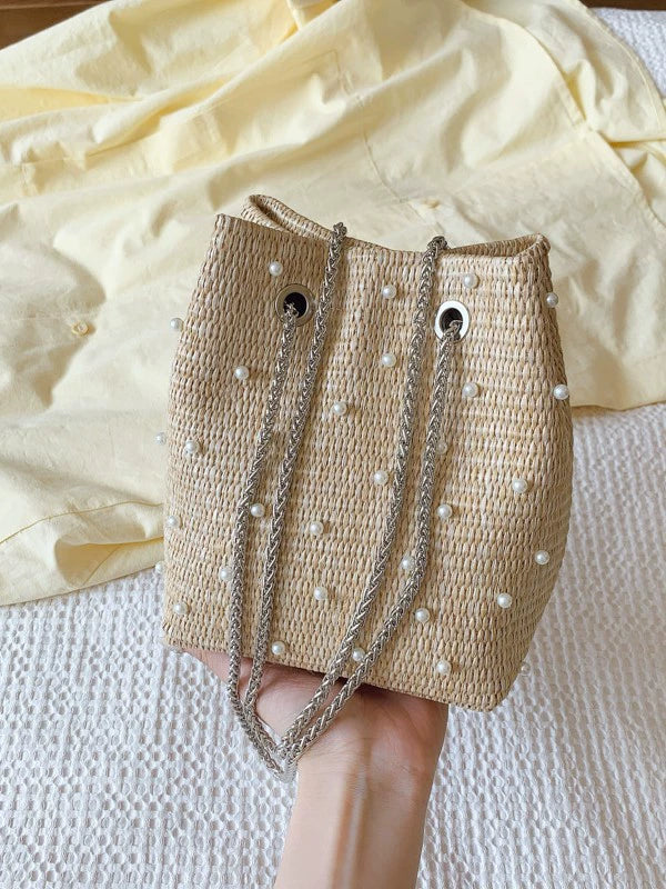 Shoreline Pearls and Rhinestones Straw Bucket Bag with Adjustable Chain