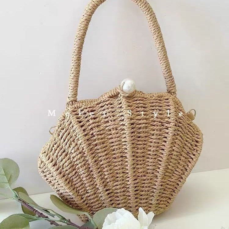 Amalfina Pearl Shell Handwoven Straw Crossbody Shoulder Bag