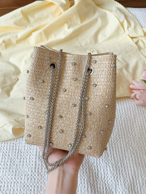 Shoreline Pearls and Rhinestones Straw Bucket Bag with Adjustable Chain