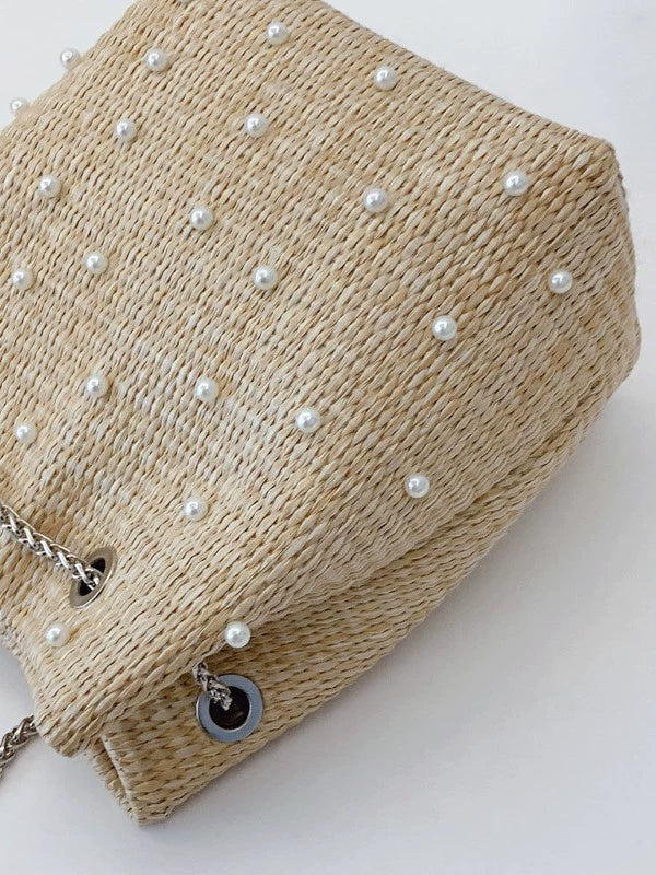 Shoreline Pearls and Rhinestones Straw Bucket Bag with Adjustable Chain