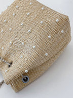 Shoreline Pearls and Rhinestones Straw Bucket Bag with Adjustable Chain