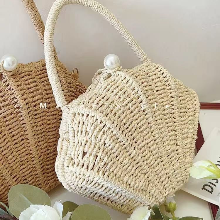 Amalfina Pearl Shell Handwoven Straw Crossbody Shoulder Bag