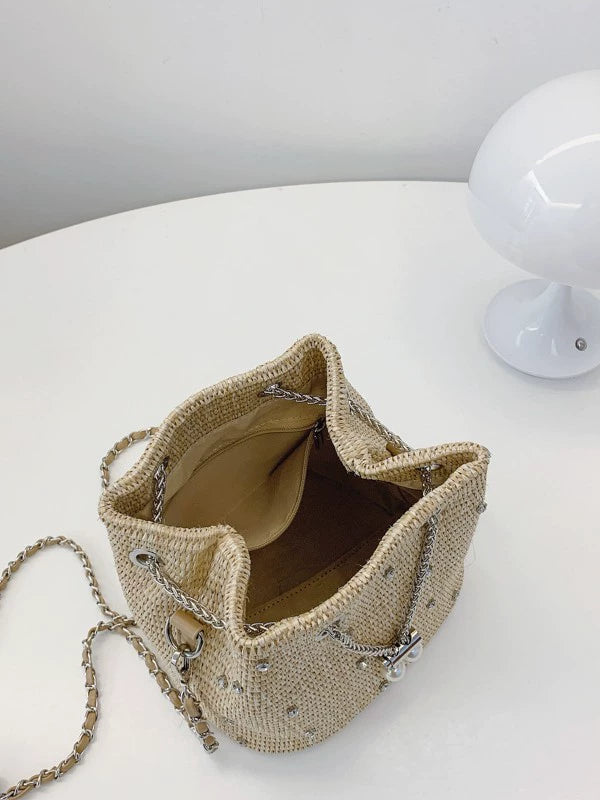 Shoreline Pearls and Rhinestones Straw Bucket Bag with Adjustable Chain