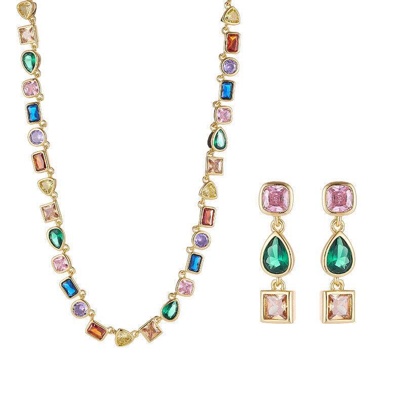 Goddess Stunning Duo Gem Crystals and Gold Tone Necklace and Earrings Set