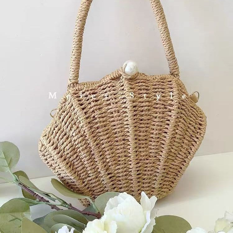 Amalfina Pearl Shell Handwoven Straw Crossbody Shoulder Bag