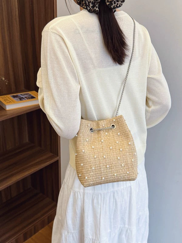 Shoreline Pearls and Rhinestones Straw Bucket Bag with Adjustable Chain