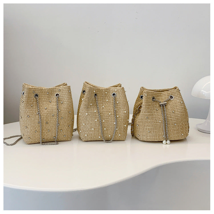 Shoreline Pearls and Rhinestones Straw Bucket Bag with Adjustable Chain