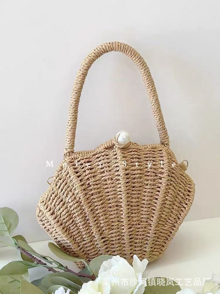 Amalfina Pearl Shell Handwoven Straw Crossbody Shoulder Bag